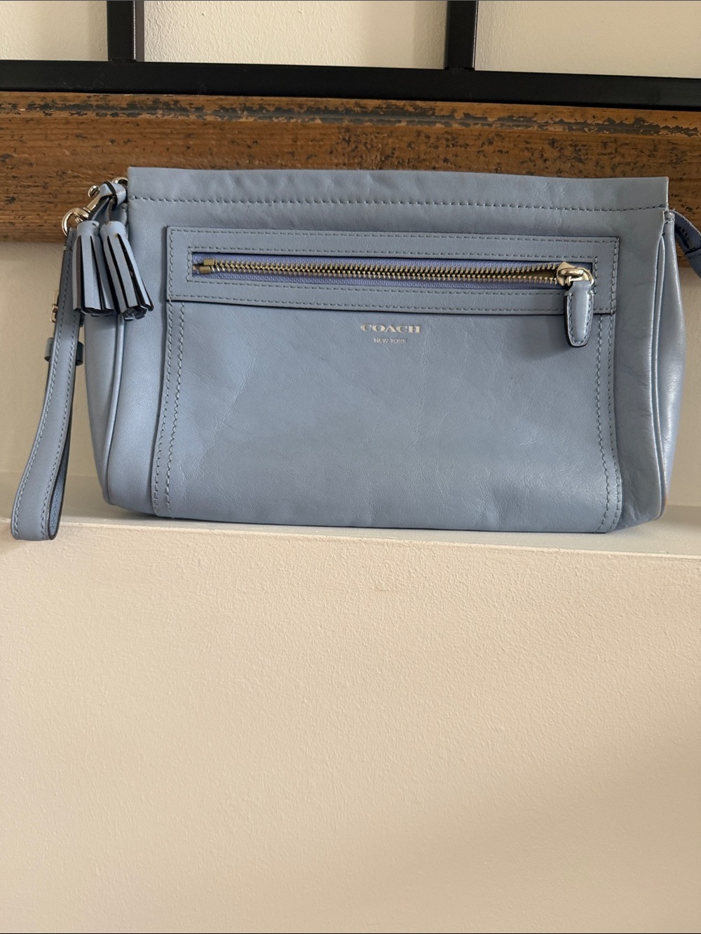 Coach Light Blue Leather Wristlet with Tassel